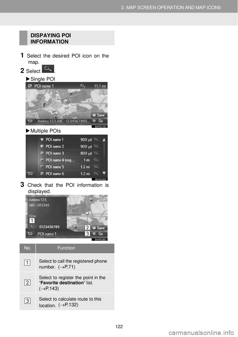 TOYOTA FR-S 2016 Accessories, Audio & Navigation (in English) 2. MAP SCREEN OPERATION AND MAP ICONS 2. MAP SCREEN OPERATION AND MAP ICONS
DISPAYING POI
INFORMATION
1 Select t he des ired POI ic on on the
map.
2 Select .
Single POI
Mul TOYOTA FR-S 2016 Accessories, Audio & Navigation (in English) 2. MAP SCREEN OPERATION AND MAP ICONS 2. MAP SCREEN OPERATION AND MAP ICONS
DISPAYING POI
INFORMATION
1 Select t he des ired POI ic on on the
map.
2 Select .
Single POI
Mul