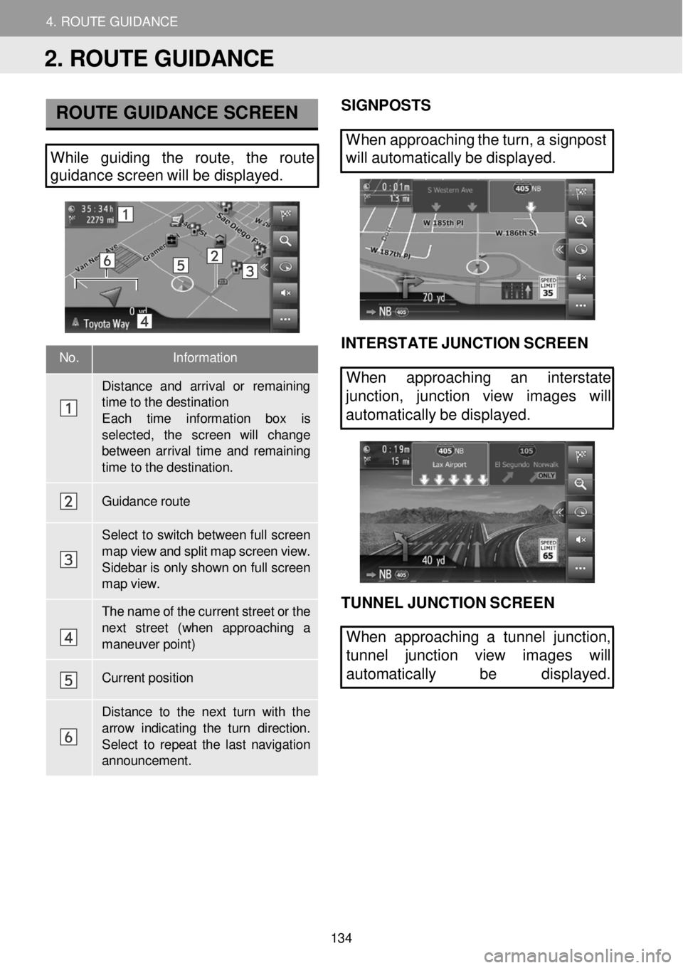 TOYOTA FR-S 2016 Accessories, Audio & Navigation (in English) 4. ROUTE GUIDANCE
1. STARTING ROUTE GUIDANCE
4. ROUTE GUIDANCE
No. Information
Distance and arriv al or remaining time t o the destin atio n
Each time in format ion box is se le TOYOTA FR-S 2016 Accessories, Audio & Navigation (in English) 4. ROUTE GUIDANCE
1. STARTING ROUTE GUIDANCE
4. ROUTE GUIDANCE
No. Information
Distance and arriv al or remaining time t o the destin atio n
Each time in format ion box is se le