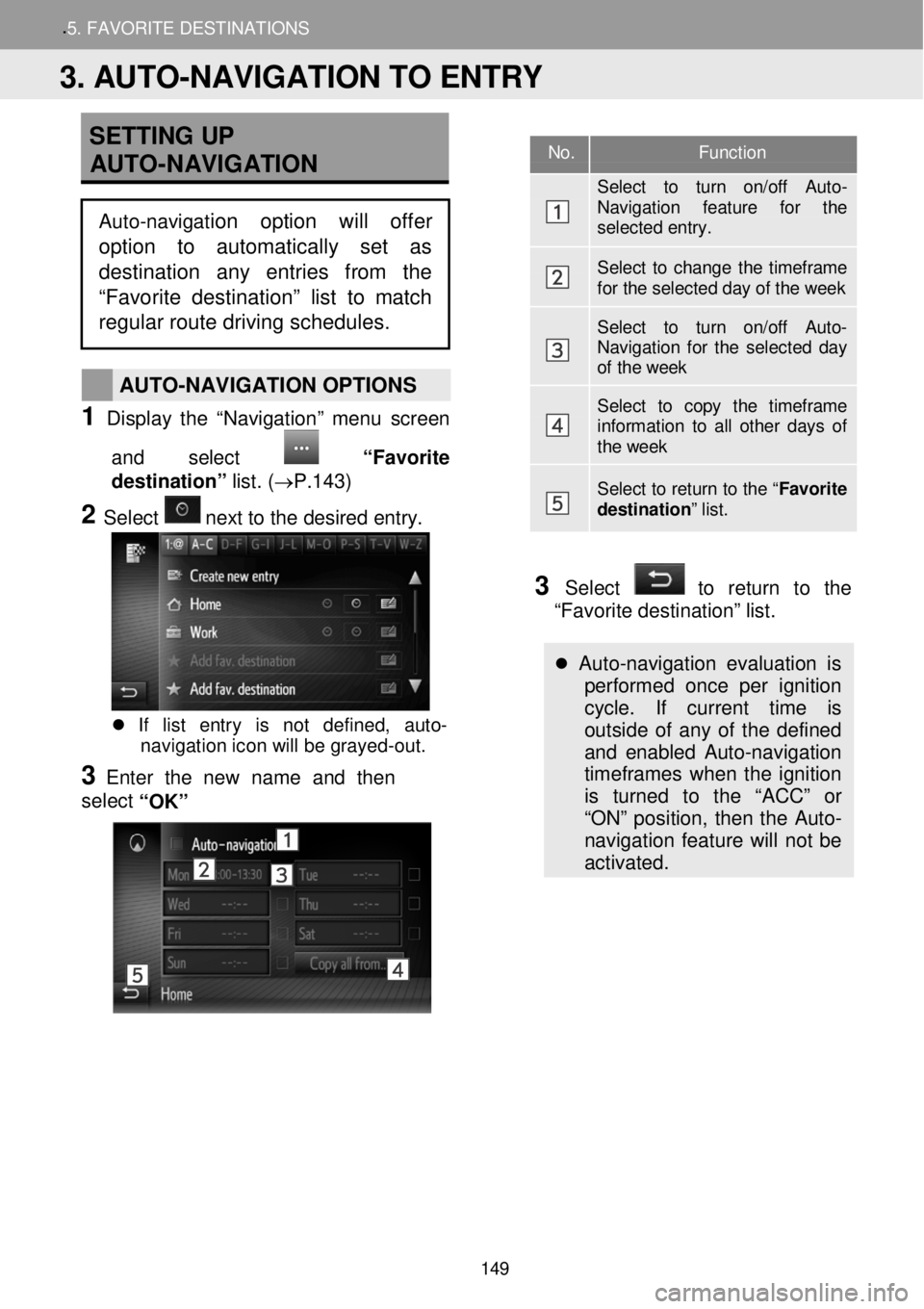 TOYOTA FR-S 2016 Accessories, Audio & Navigation (in English)
.5. FAVORITE DESTINATION S
SETTING UP
AUTO -NAVIGATION
AUTO -NAVIGATION OPTIONS
1 Display t he “Nav igation ” menu scree n
and select
“Favo rite
destination” lis TOYOTA FR-S 2016 Accessories, Audio & Navigation (in English)
.5. FAVORITE DESTINATION S
SETTING UP
AUTO -NAVIGATION
AUTO -NAVIGATION OPTIONS
1 Display t he “Nav igation ” menu scree n
and select
“Favo rite
destination” lis