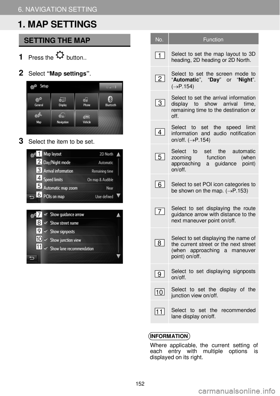 TOYOTA FR-S 2016 Accessories, Audio & Navigation (in English) 5. MY DESTINATIONS 6. NAVIGATION SETTING
SETTING THE MAP
1 Pre ss the button. .
N
2 Select “Map setting s”.
3 Se lect the item to b e set.
INFORM ATION
Where appli TOYOTA FR-S 2016 Accessories, Audio & Navigation (in English) 5. MY DESTINATIONS 6. NAVIGATION SETTING
SETTING THE MAP
1 Pre ss the button. .
N
2 Select “Map setting s”.
3 Se lect the item to b e set.
INFORM ATION
Where appli