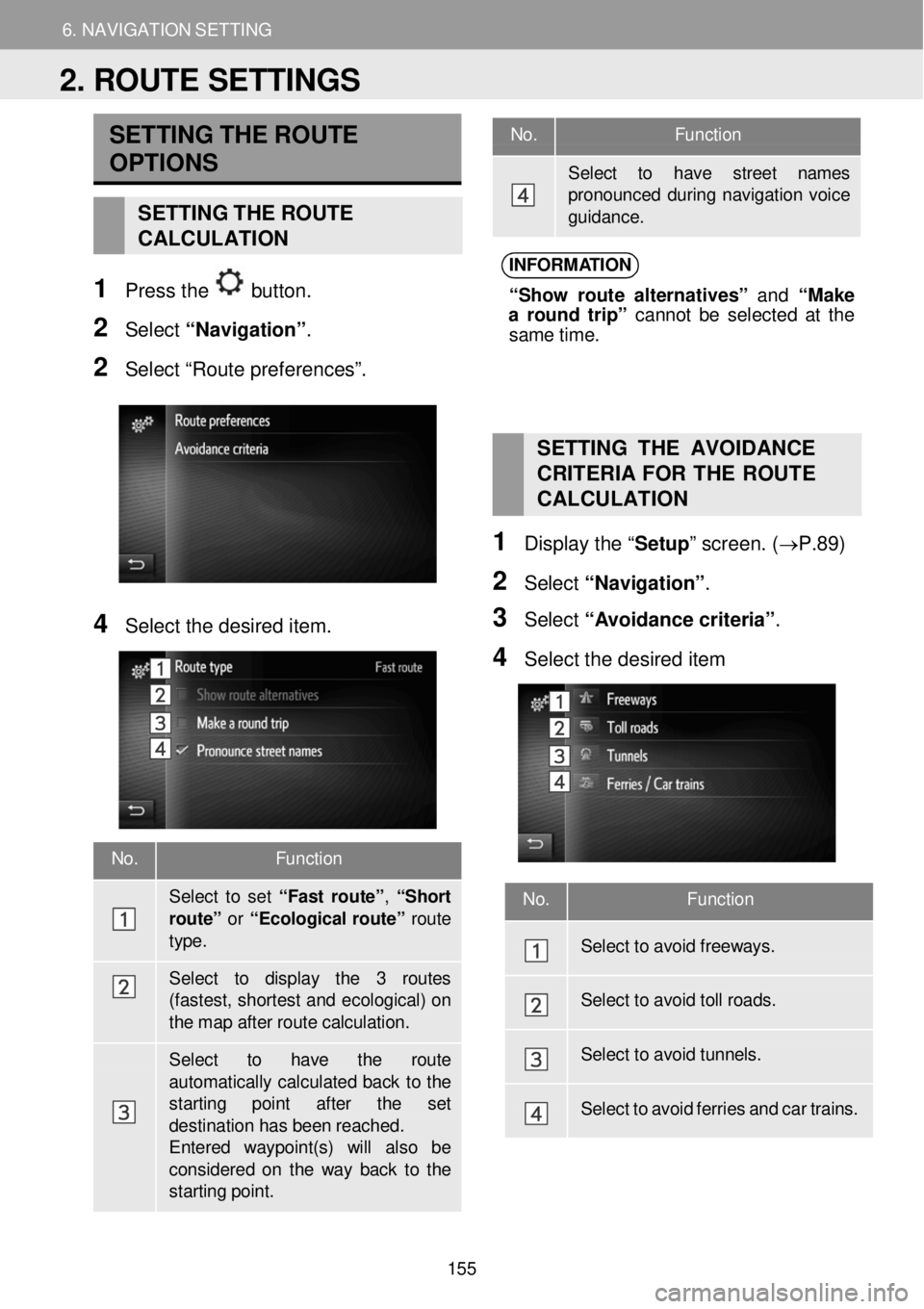 TOYOTA FR-S 2016 Accessories, Audio & Navigation (in English) 6. NAVIGATION SETTING
2. ROUTE SETTINGS
6. NAV IGAT IO N SET TING
No. Function
Select to have street names pronounced during navigati on voice gui dance.
No. Function
Sel ect to TOYOTA FR-S 2016 Accessories, Audio & Navigation (in English) 6. NAVIGATION SETTING
2. ROUTE SETTINGS
6. NAV IGAT IO N SET TING
No. Function
Select to have street names pronounced during navigati on voice gui dance.
No. Function
Sel ect to