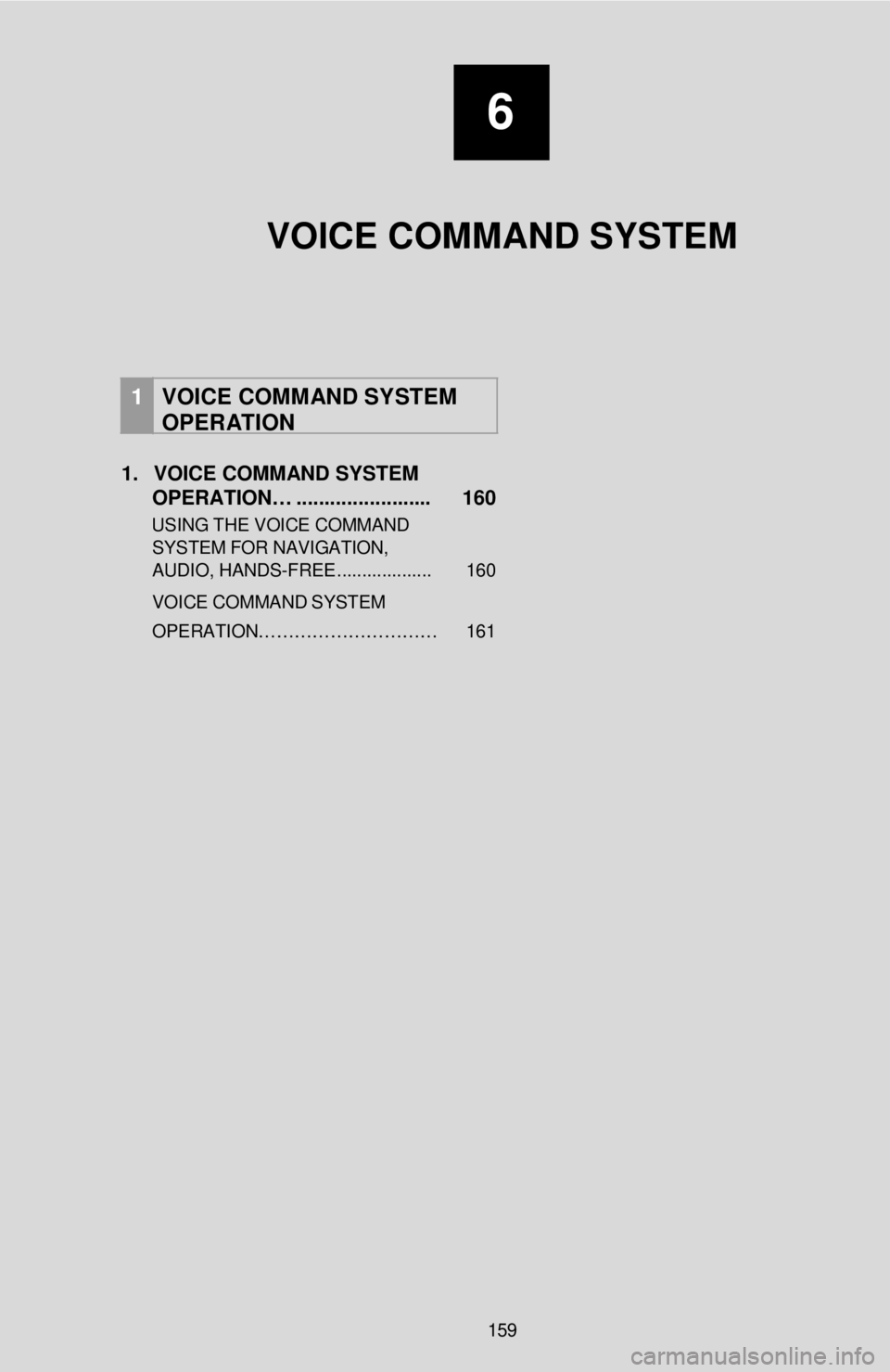 TOYOTA FR-S 2016 Accessories, Audio & Navigation (in English)
6
VOICE COMMAND SYSTEM
1 VOICE COMM AND SYSTEM
OPERATION
1. VOICE COMMAND SYSTEM
OPERATION… . ............ ........... 160
USING T H E V O ICE C O MMAND
SYST EM FOR TOYOTA FR-S 2016 Accessories, Audio & Navigation (in English)
6
VOICE COMMAND SYSTEM
1 VOICE COMM AND SYSTEM
OPERATION
1. VOICE COMMAND SYSTEM
OPERATION… . ............ ........... 160
USING T H E V O ICE C O MMAND
SYST EM FOR