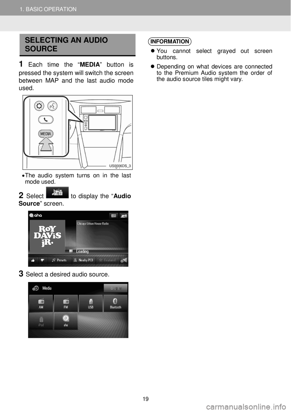 TOYOTA FR-S 2016 Accessories, Audio & Navigation (in English) 1. BASIC OPERATION
SELECTI NG AN A UDIO
SOURCE
1 Each time th e “MEDIA ” button is
pressed the system will switch the scree n
between MAP and the last audio mode
us ed.
INF TOYOTA FR-S 2016 Accessories, Audio & Navigation (in English) 1. BASIC OPERATION
SELECTI NG AN A UDIO
SOURCE
1 Each time th e “MEDIA ” button is
pressed the system will switch the scree n
between MAP and the last audio mode
us ed.
INF