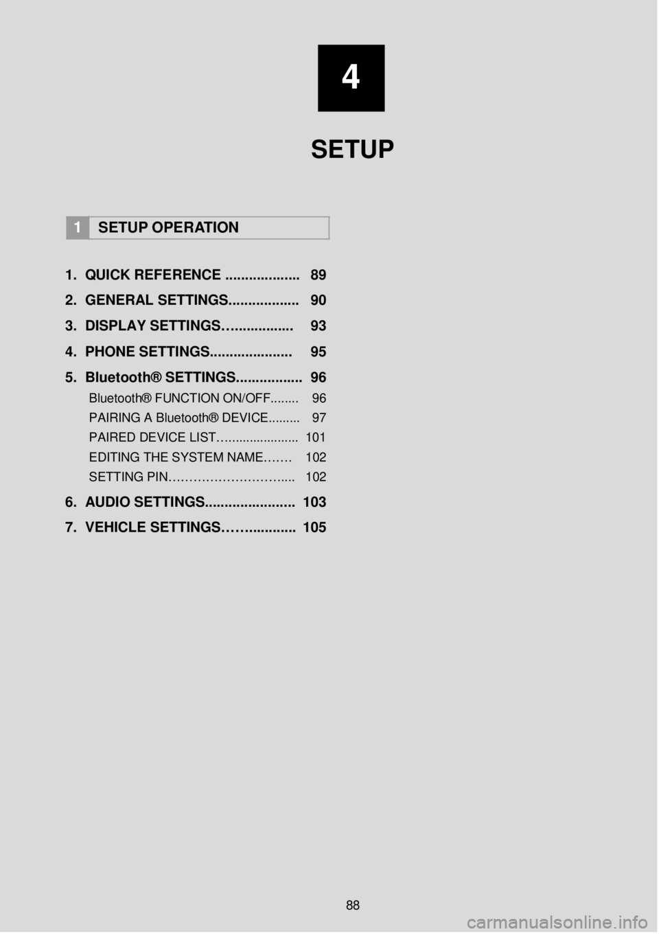 TOYOTA FR-S 2016 Accessories, Audio & Navigation (in English)
4
SETUP
1 SETUP OPERATION
1. Q UICK REFERENCE ..... ...... ..... ... 89
2. GENERAL SETTINGS. .... .......... ... 90
3 . DISPLAY SETTINGS…. .... ... .. .. ... 93
4. TOYOTA FR-S 2016 Accessories, Audio & Navigation (in English)
4
SETUP
1 SETUP OPERATION
1. Q UICK REFERENCE ..... ...... ..... ... 89
2. GENERAL SETTINGS. .... .......... ... 90
3 . DISPLAY SETTINGS…. .... ... .. .. ... 93
4.