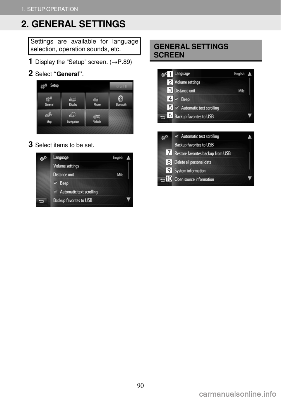 TOYOTA FR-S 2016 Accessories, Audio & Navigation (in English) 1. SETUP OPERATION
1. QUICK REFERENCE
1. SETUP OPERATION
Settings are available for language
selection, o peration sounds, etc.
1 Disp lay the “Setu p” scree n. (→P. 89)
2 Sel TOYOTA FR-S 2016 Accessories, Audio & Navigation (in English) 1. SETUP OPERATION
1. QUICK REFERENCE
1. SETUP OPERATION
Settings are available for language
selection, o peration sounds, etc.
1 Disp lay the “Setu p” scree n. (→P. 89)
2 Sel