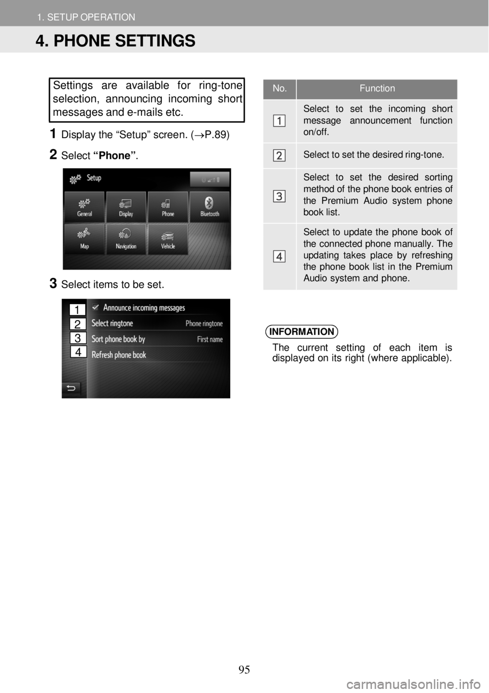 TOYOTA FR-S 2016 Accessories, Audio & Navigation (in English) 1. SETUP OPERATION 1. SETUP OPERATION
No. Function
Select to set the incoming shor t
message announcement functi on on/off.
Select to set the desired r in g-tone.
Select to TOYOTA FR-S 2016 Accessories, Audio & Navigation (in English) 1. SETUP OPERATION 1. SETUP OPERATION
No. Function
Select to set the incoming shor t
message announcement functi on on/off.
Select to set the desired r in g-tone.
Select to