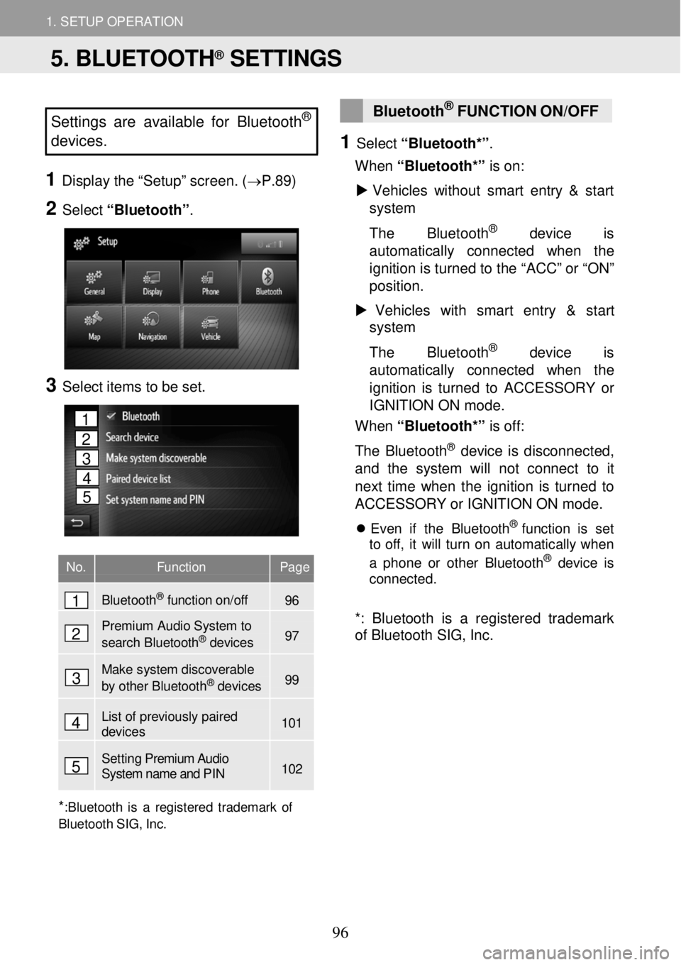 TOYOTA FR-S 2016 Accessories, Audio & Navigation (in English) 1. SETUP OPERATION 1. SETUP OPERATION
Settings are available for Bluet ooth®
devices.
1 Displ ay the “Setup†scr een. ( →P.89)
2 Select “Bluetooth†.
3 Select ite ms TOYOTA FR-S 2016 Accessories, Audio & Navigation (in English) 1. SETUP OPERATION 1. SETUP OPERATION
Settings are available for Bluet ooth®
devices.
1 Displ ay the “Setup†scr een. ( →P.89)
2 Select “Bluetooth†.
3 Select ite ms