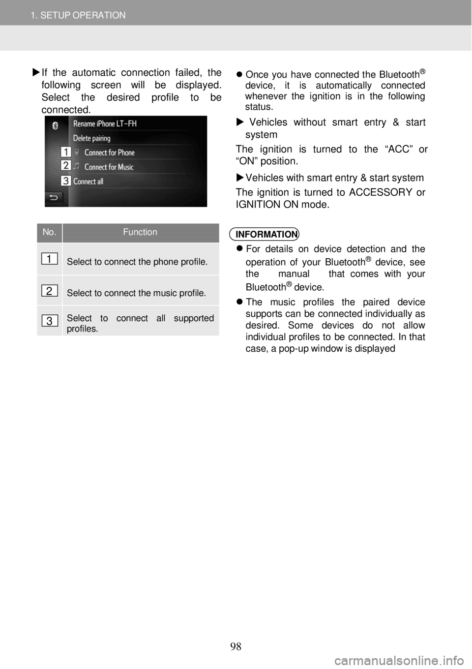 TOYOTA FR-S 2016  Accessories, Audio & Navigation (in English) 1. SETUP OPERATION   
1. SETUP OPERATION  
 
 
�X If  th e a u tomatic  co nnecti on  fa iled,  the 
foll owing screen will be dis playe d. 
Select t he desired  prof ile to  be 
conne cted. 
 
