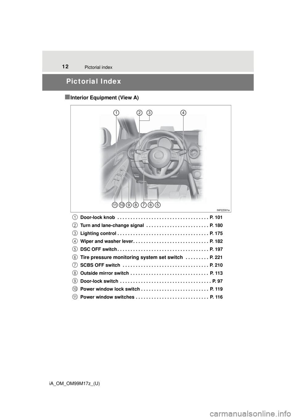 TOYOTA iA 2016 (in English) User Guide 12Pictorial index
iA_OM_OM99M17z_(U)
Pictorial Index
■
Interior Equipment (View A)
Door-lock knob . . . . . . . . . . . . . . . . . . . . . . . . . . . . . . . . . . . P. 101
Turn and lane-change TOYOTA iA 2016 (in English) User Guide 12Pictorial index
iA_OM_OM99M17z_(U)
Pictorial Index
■
Interior Equipment (View A)
Door-lock knob . . . . . . . . . . . . . . . . . . . . . . . . . . . . . . . . . . . P. 101
Turn and lane-change