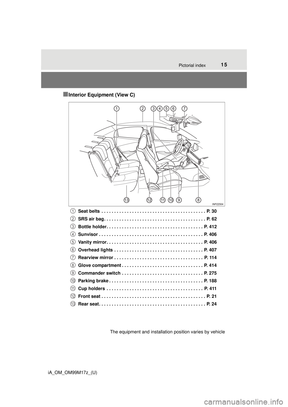 TOYOTA iA 2016 (in English) User Guide 15Pictorial index
iA_OM_OM99M17z_(U)
■Interior Equipment (View C)
Seat belts . . . . . . . . . . . . . . . . . . . . . . . . . . . . . . . . . . . . . . . . . P. 30
SRS air bag . . . . . . . . . . TOYOTA iA 2016 (in English) User Guide 15Pictorial index
iA_OM_OM99M17z_(U)
■Interior Equipment (View C)
Seat belts . . . . . . . . . . . . . . . . . . . . . . . . . . . . . . . . . . . . . . . . . P. 30
SRS air bag . . . . . . . . . .