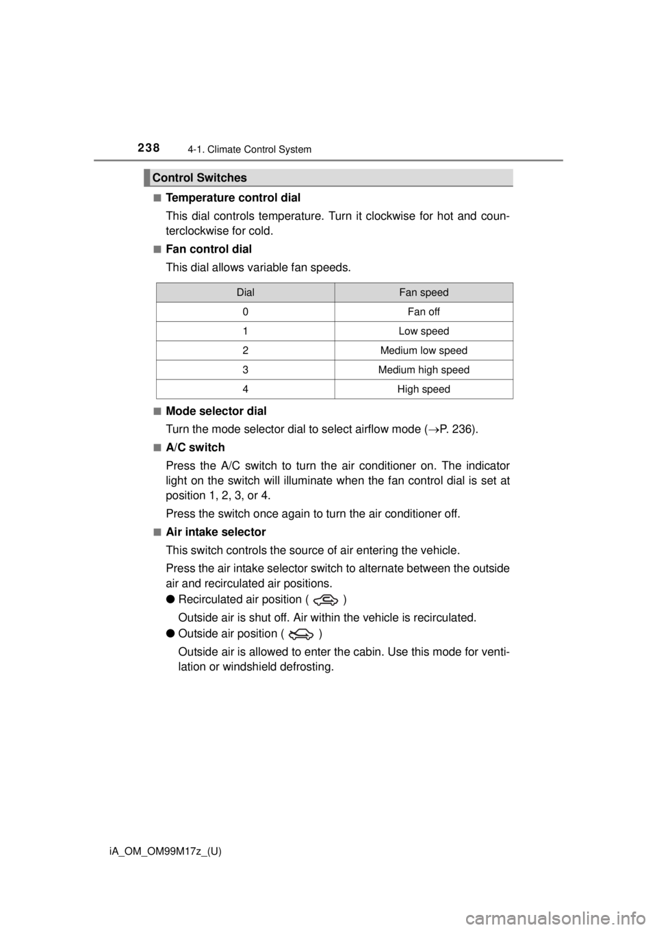 TOYOTA iA 2016  Owners Manual (in English) 238
iA_OM_OM99M17z_(U)
4-1. Climate Control System
■Temperature control dial
This dial controls temperature. Turn it clockwise for hot and coun-
terclockwise for cold.
■Fan control dial
This dial 