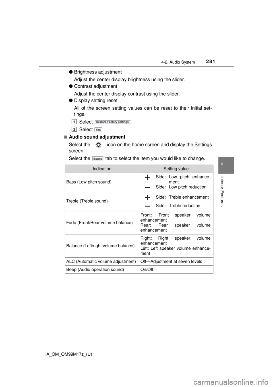 TOYOTA iA 2016  Owners Manual (in English) iA_OM_OM99M17z_(U)
2814-2. Audio System
4
Interior Features
●Brightness adjustment
Adjust the center display  brightness using the slider.
● Contrast adjustment
Adjust the center display contrast 