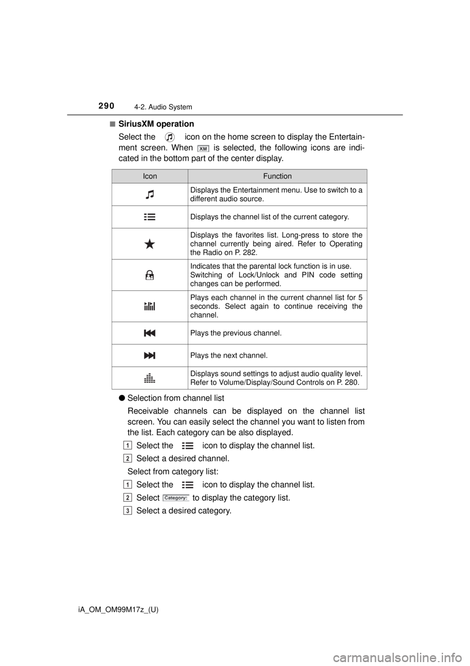TOYOTA iA 2016  Owners Manual (in English) 290
iA_OM_OM99M17z_(U)
4-2. Audio System
■SiriusXM operation
Select the   icon on the home screen to display the Entertain-
ment screen. When   is selected, the following icons are indi-
cated in th