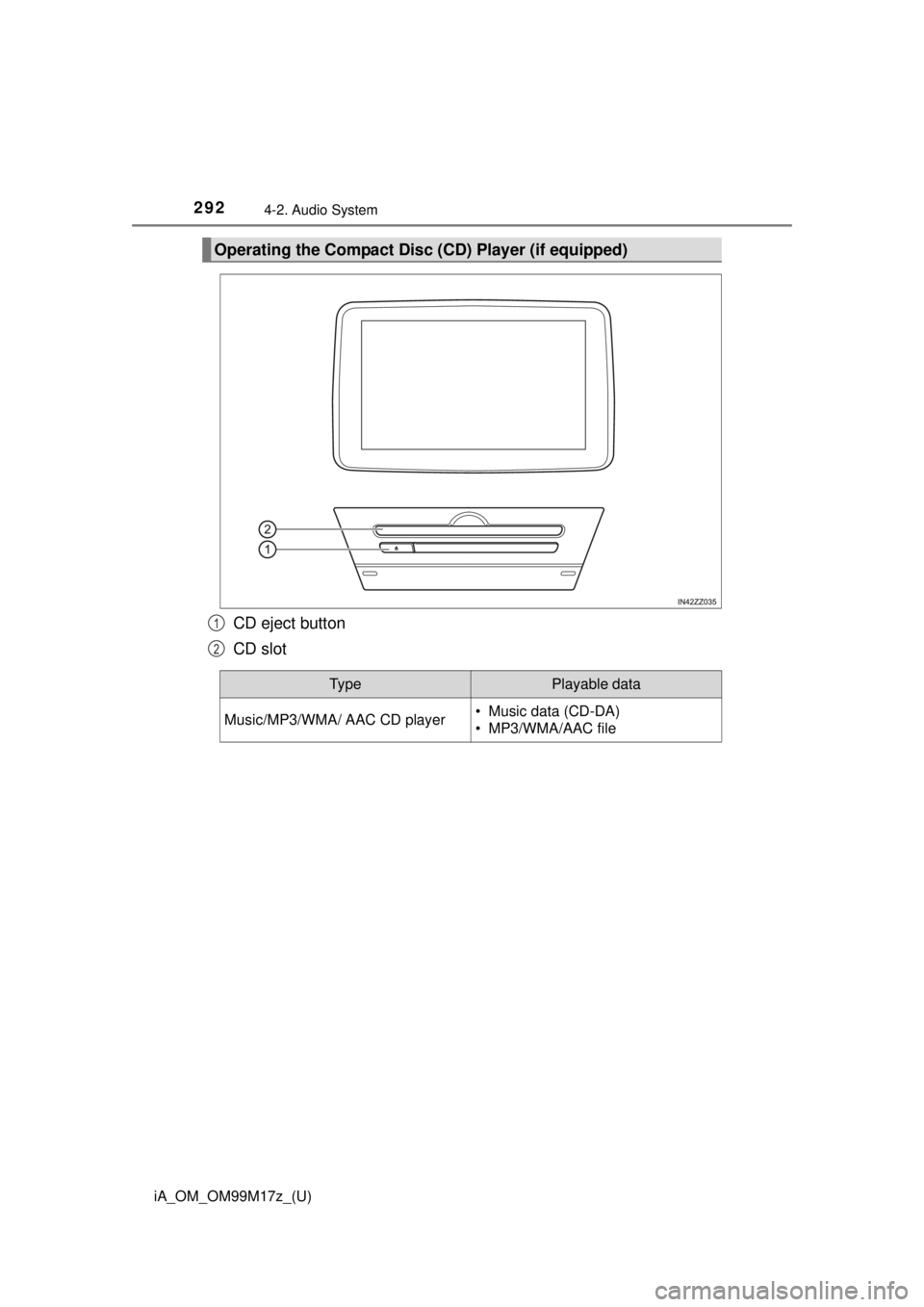TOYOTA iA 2016 Owners Manual (in English) 292
iA_OM_OM99M17z_(U)
4-2. Audio System
CD eject button
CD slot
Operating the Compact Disc (CD) Player (if equipped)
1
2
Ty pePlayable data
Music/MP3/WMA/ AAC CD player• Music data (CD-DA)
• MP3/ TOYOTA iA 2016 Owners Manual (in English) 292
iA_OM_OM99M17z_(U)
4-2. Audio System
CD eject button
CD slot
Operating the Compact Disc (CD) Player (if equipped)
1
2
Ty pePlayable data
Music/MP3/WMA/ AAC CD player• Music data (CD-DA)
• MP3/