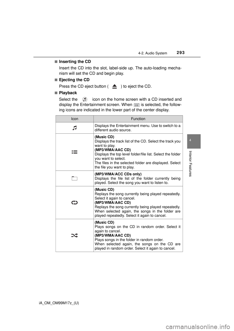 TOYOTA iA 2016 Owners Manual (in English) iA_OM_OM99M17z_(U)
2934-2. Audio System
4
Interior Features
■Inserting the CD
Insert the CD into the slot, label-side up. The auto-loading mecha-
nism will set the CD and begin play.
■Ejecting the TOYOTA iA 2016 Owners Manual (in English) iA_OM_OM99M17z_(U)
2934-2. Audio System
4
Interior Features
■Inserting the CD
Insert the CD into the slot, label-side up. The auto-loading mecha-
nism will set the CD and begin play.
■Ejecting the