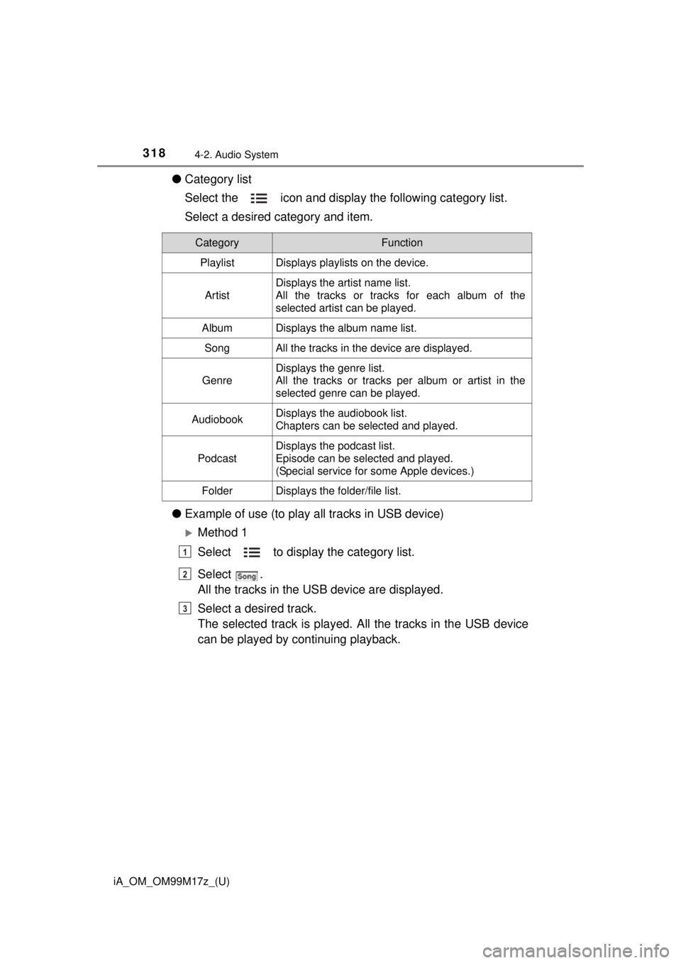 TOYOTA iA 2016  Owners Manual (in English) 318
iA_OM_OM99M17z_(U)
4-2. Audio System
●Category list
Select the   icon and display the following category list. 
Select a desired category and item.
● Example of use (to play all tracks in USB 