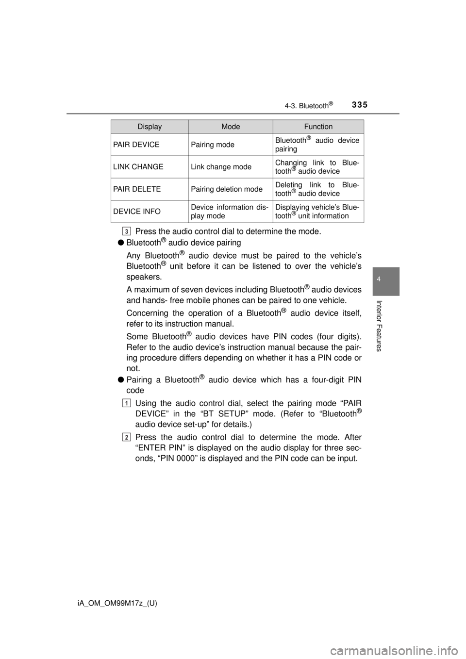 TOYOTA iA 2016  Owners Manual (in English) iA_OM_OM99M17z_(U)
3354-3. Bluetooth®
4
Interior Features
Press the audio control dial to determine the mode.
● Bluetooth
® audio device pairing
Any Bluetooth
® audio device must be paired to the