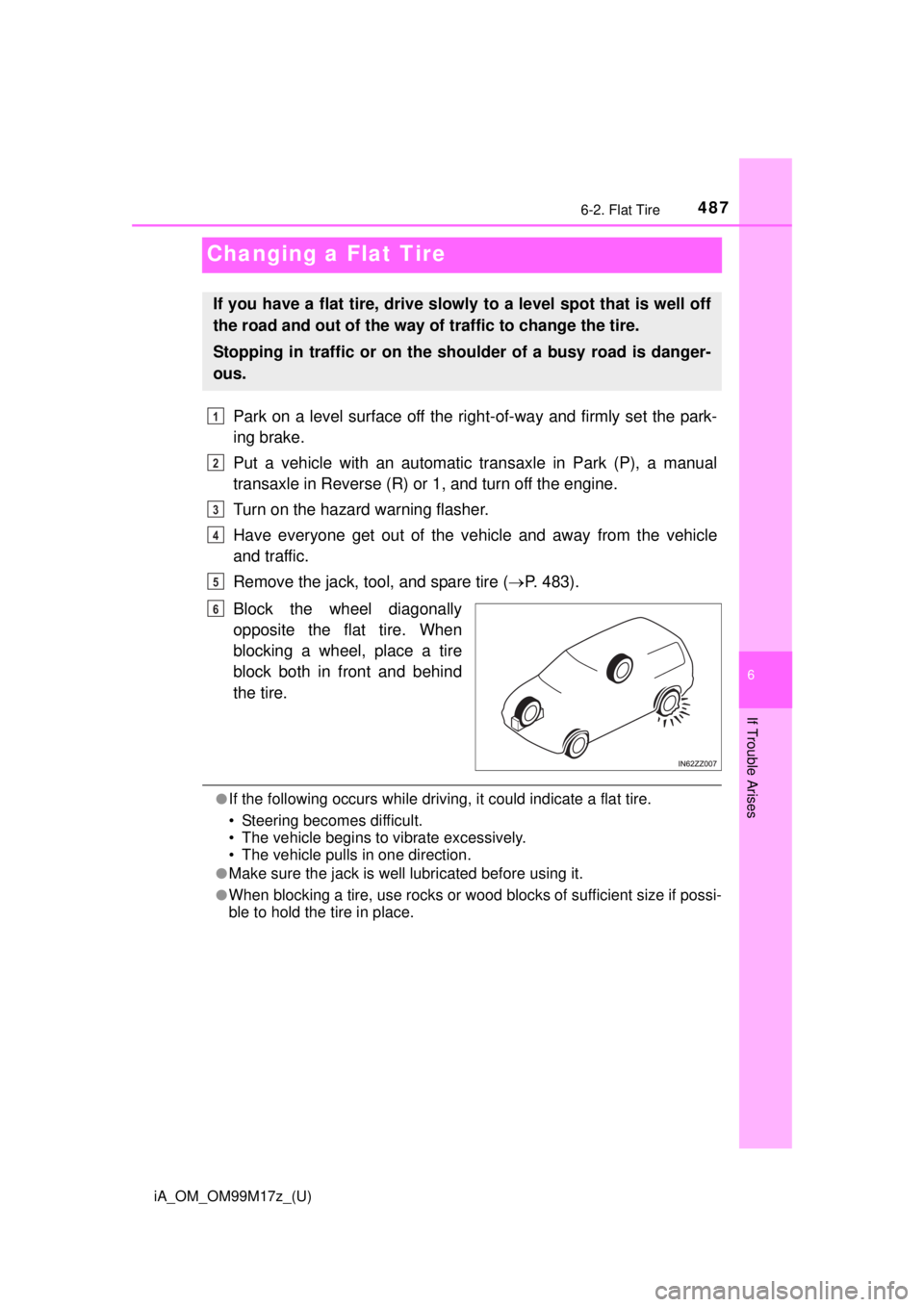 TOYOTA iA 2016  Owners Manual (in English) 487
iA_OM_OM99M17z_(U)
6-2. Flat Tire
6
If Trouble Arises
Changing a Flat Tire
Park on a level surface off the right-of-way and firmly set the park-
ing brake.
Put a vehicle with an automatic transaxl