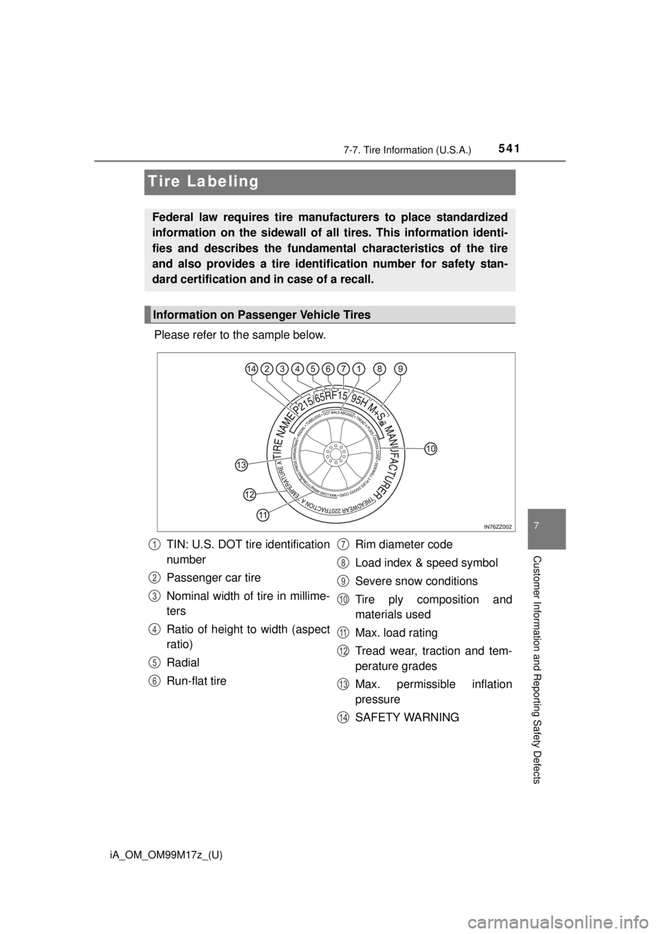 TOYOTA iA 2016  Owners Manual (in English) 541
iA_OM_OM99M17z_(U)
7-7. Tire Information (U.S.A.)
7
Customer Information and Reporting Safety Defects
Tire Labeling
Please refer to the sample below.
Federal law requires tire manufacturers to pla