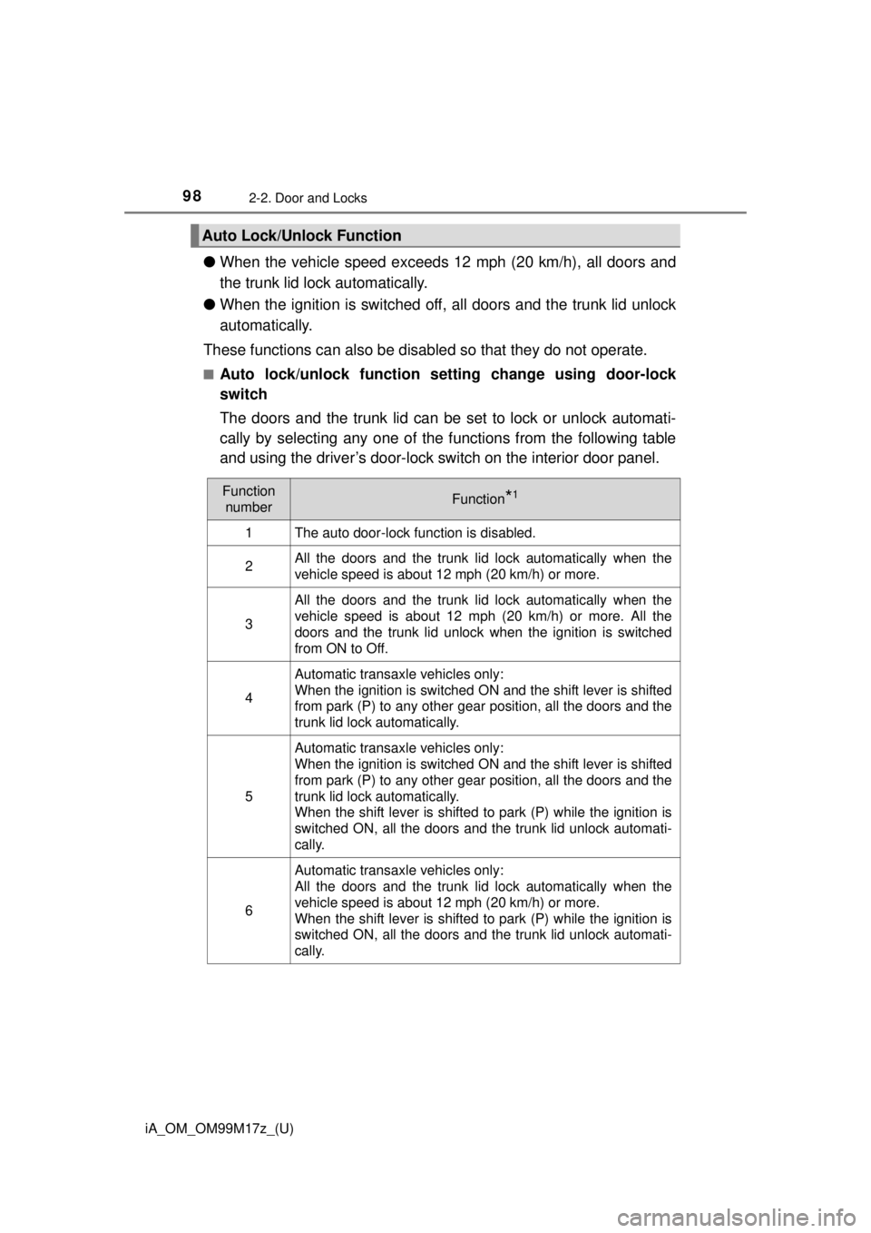 TOYOTA iA 2016 Owners Manual (in English) 98
iA_OM_OM99M17z_(U)
2-2. Door and Locks
●When the vehicle speed exceeds 12 mph (20 km/h), all doors and
the trunk lid lock automatically.
● When the ignition is switched off, all doors and the TOYOTA iA 2016 Owners Manual (in English) 98
iA_OM_OM99M17z_(U)
2-2. Door and Locks
●When the vehicle speed exceeds 12 mph (20 km/h), all doors and
the trunk lid lock automatically.
● When the ignition is switched off, all doors and the