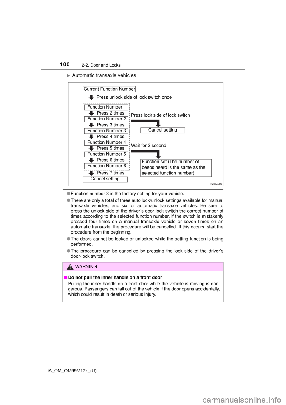 TOYOTA iA 2016 Owners Manual (in English) 100
iA_OM_OM99M17z_(U)
2-2. Door and Locks
Automatic transaxle vehicles
●Function number 3 is the factory setting for your vehicle.
● There are only a total of three auto lock/unlock settings a TOYOTA iA 2016 Owners Manual (in English) 100
iA_OM_OM99M17z_(U)
2-2. Door and Locks
Automatic transaxle vehicles
●Function number 3 is the factory setting for your vehicle.
● There are only a total of three auto lock/unlock settings a