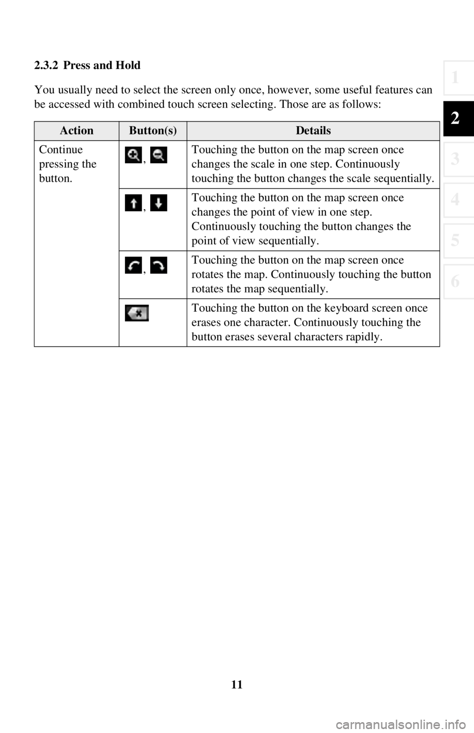 TOYOTA iA 2016 Accessories, Audio & Navigation (in English) 11
1
2
3
4
5
6
2.3.2 Press and Hold
You usually need to select the screen only once, however , some useful features can
be accessed with combined touch screen selecting. Those are as follows:
Action TOYOTA iA 2016 Accessories, Audio & Navigation (in English) 11
1
2
3
4
5
6
2.3.2 Press and Hold
You usually need to select the screen only once, however , some useful features can
be accessed with combined touch screen selecting. Those are as follows:
Action