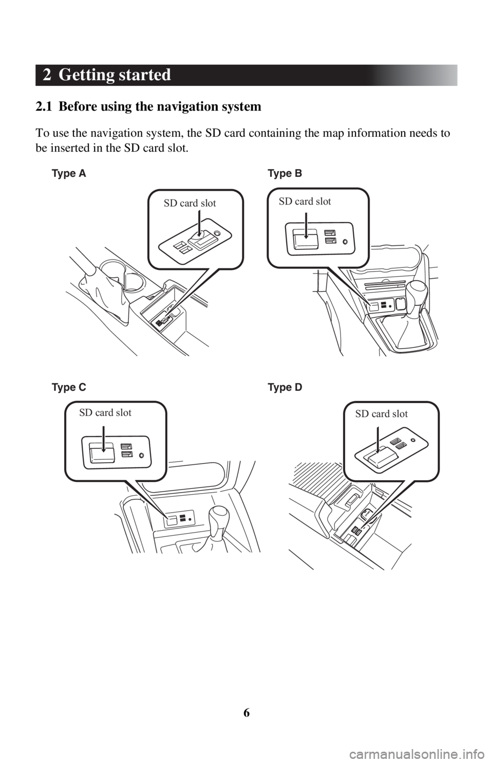 TOYOTA iA 2016 Accessories, Audio & Navigation (in English) 6
2 Getting started
2.1 Before using the navigation system
To use the navigation system, the SD card containing the map information needs to
be inserted in the SD card slot.
Type AType D
Type C Type TOYOTA iA 2016 Accessories, Audio & Navigation (in English) 6
2 Getting started
2.1 Before using the navigation system
To use the navigation system, the SD card containing the map information needs to
be inserted in the SD card slot.
Type AType D
Type C Type