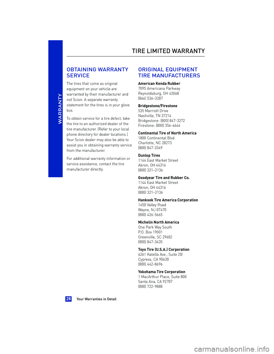 TOYOTA iA 2016 Warranties & Maintenance Guides (in English) OBTAINING WARRANTY
SERVICE
The tires that come as original
equipment on your vehicle are
warranted by their manufacturer and
not Scion. A separate warranty
statement for the tires is in your glove
box TOYOTA iA 2016 Warranties & Maintenance Guides (in English) OBTAINING WARRANTY
SERVICE
The tires that come as original
equipment on your vehicle are
warranted by their manufacturer and
not Scion. A separate warranty
statement for the tires is in your glove
box