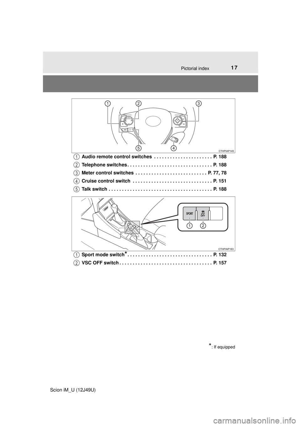 TOYOTA iM 2016   (in English) User Guide 17Pictorial index
Scion iM_U (12J49U)Audio remote control switches  . . . . . . . . . . . . . . . . . . . . . .  P. 188
Telephone switches . . . . . . . . . . . . . . . . . . . . . . . . . . . . . . .