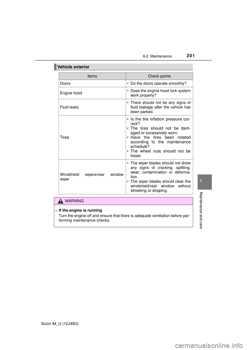 TOYOTA iM 2016 Owners Manual (in English) 2016-2. Maintenance
6
Maintenance and care
Scion iM_U (12J49U)
Vehicle exterior
ItemsCheck points
Doors• Do the doors operate smoothly?
Engine hood• Does the engine hood lock systemwork properly?
TOYOTA iM 2016 Owners Manual (in English) 2016-2. Maintenance
6
Maintenance and care
Scion iM_U (12J49U)
Vehicle exterior
ItemsCheck points
Doors• Do the doors operate smoothly?
Engine hood• Does the engine hood lock systemwork properly?
