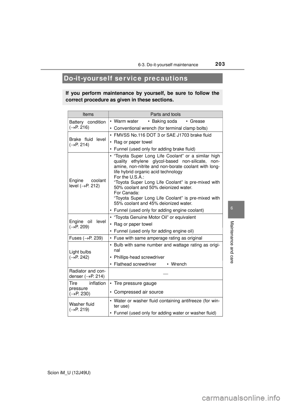 TOYOTA iM 2016 Owners Manual (in English) 203
6
Maintenance and care
Scion iM_U (12J49U)
6-3. Do-it-yourself maintenance
Do-it-yourself ser vice precautions
If you perform maintenance by yourself, be sure to follow the
correct procedure as gi TOYOTA iM 2016 Owners Manual (in English) 203
6
Maintenance and care
Scion iM_U (12J49U)
6-3. Do-it-yourself maintenance
Do-it-yourself ser vice precautions
If you perform maintenance by yourself, be sure to follow the
correct procedure as gi