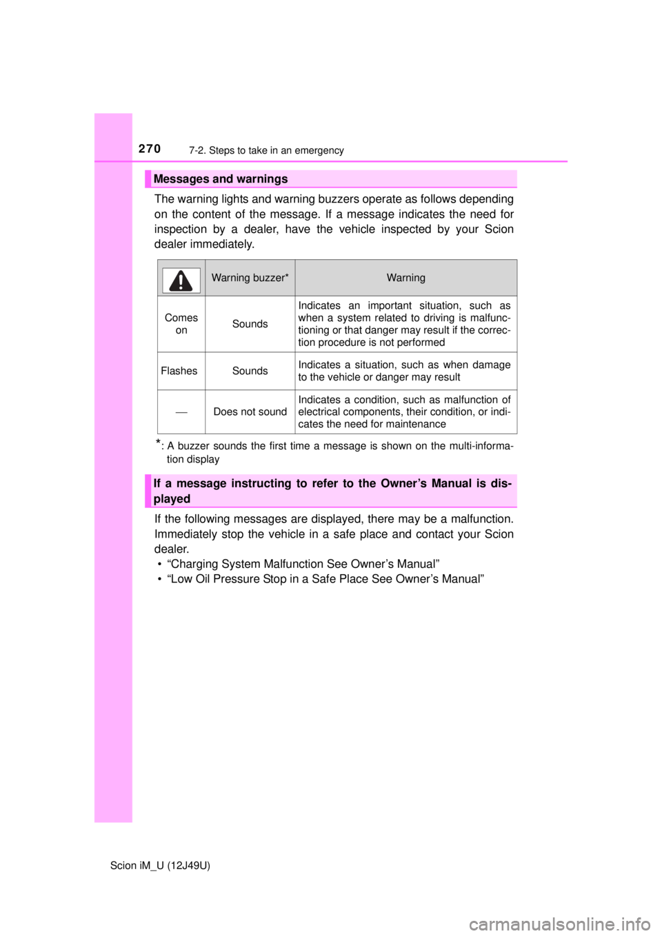 TOYOTA iM 2016 Owners Manual (in English) 2707-2. Steps to take in an emergency
Scion iM_U (12J49U)
The warning lights and warning buzzers operate as follows depending
on the content of the message. If a message indicates the need for
inspect TOYOTA iM 2016 Owners Manual (in English) 2707-2. Steps to take in an emergency
Scion iM_U (12J49U)
The warning lights and warning buzzers operate as follows depending
on the content of the message. If a message indicates the need for
inspect