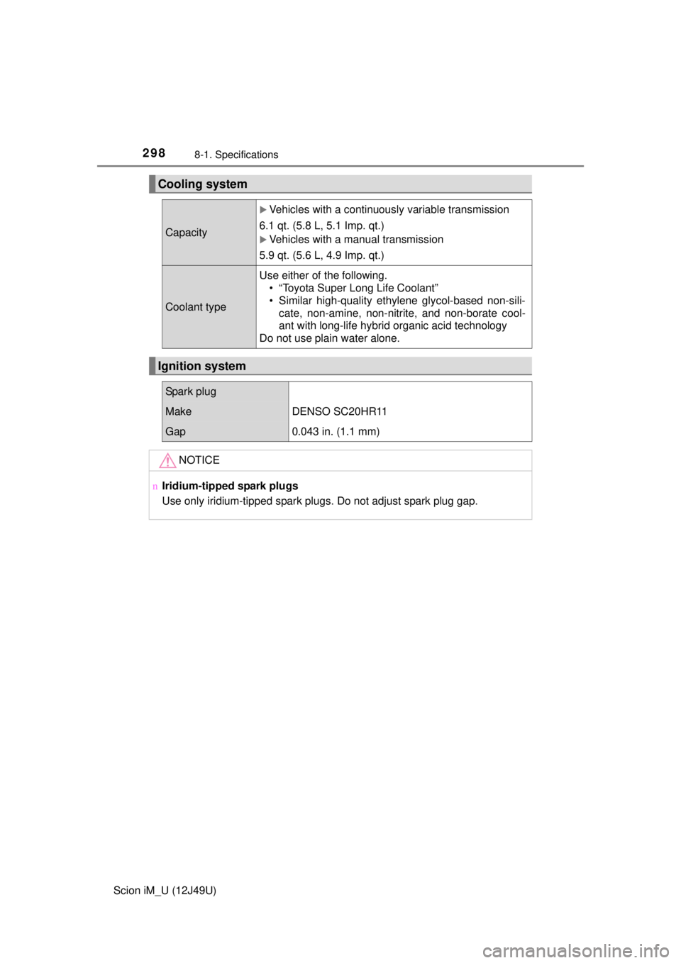 TOYOTA iM 2016  Owners Manual (in English) 2988-1. Specifications
Scion iM_U (12J49U)
Cooling system 
Capacity
Vehicles with a continuously variable transmission
6.1 qt. (5.8 L, 5.1 Imp. qt.)
Vehicles with a manual transmission
5.9 qt. (