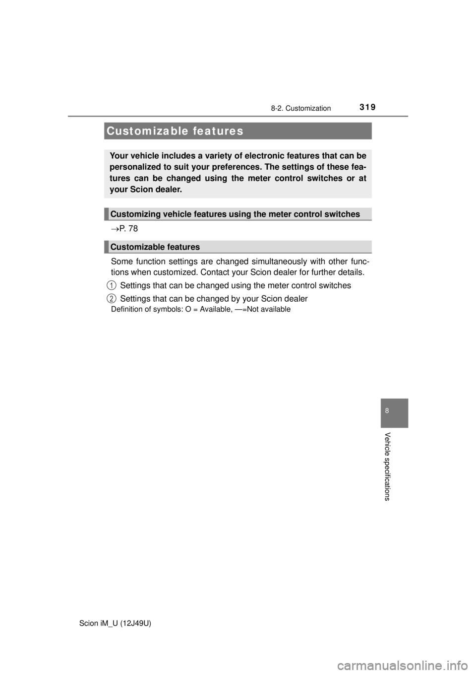 TOYOTA iM 2016  Owners Manual (in English) 319
8
Vehicle specifications
Scion iM_U (12J49U)
8-2. Customization
P.  7 8
Some function settings are change d simultaneously with other func-
tions when customized. Contact your Scion dealer for 