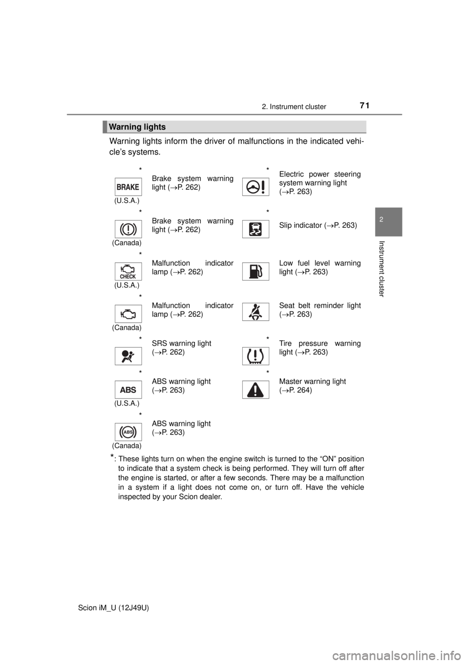 TOYOTA iM 2016 (in English) Manual PDF 712. Instrument cluster
2
Instrument cluster
Scion iM_U (12J49U)
Warning lights inform the driver of malfunctions in the indicated vehi-
cle’s systems.
*: These lights turn on when the engine switch TOYOTA iM 2016 (in English) Manual PDF 712. Instrument cluster
2
Instrument cluster
Scion iM_U (12J49U)
Warning lights inform the driver of malfunctions in the indicated vehi-
cle’s systems.
*: These lights turn on when the engine switch