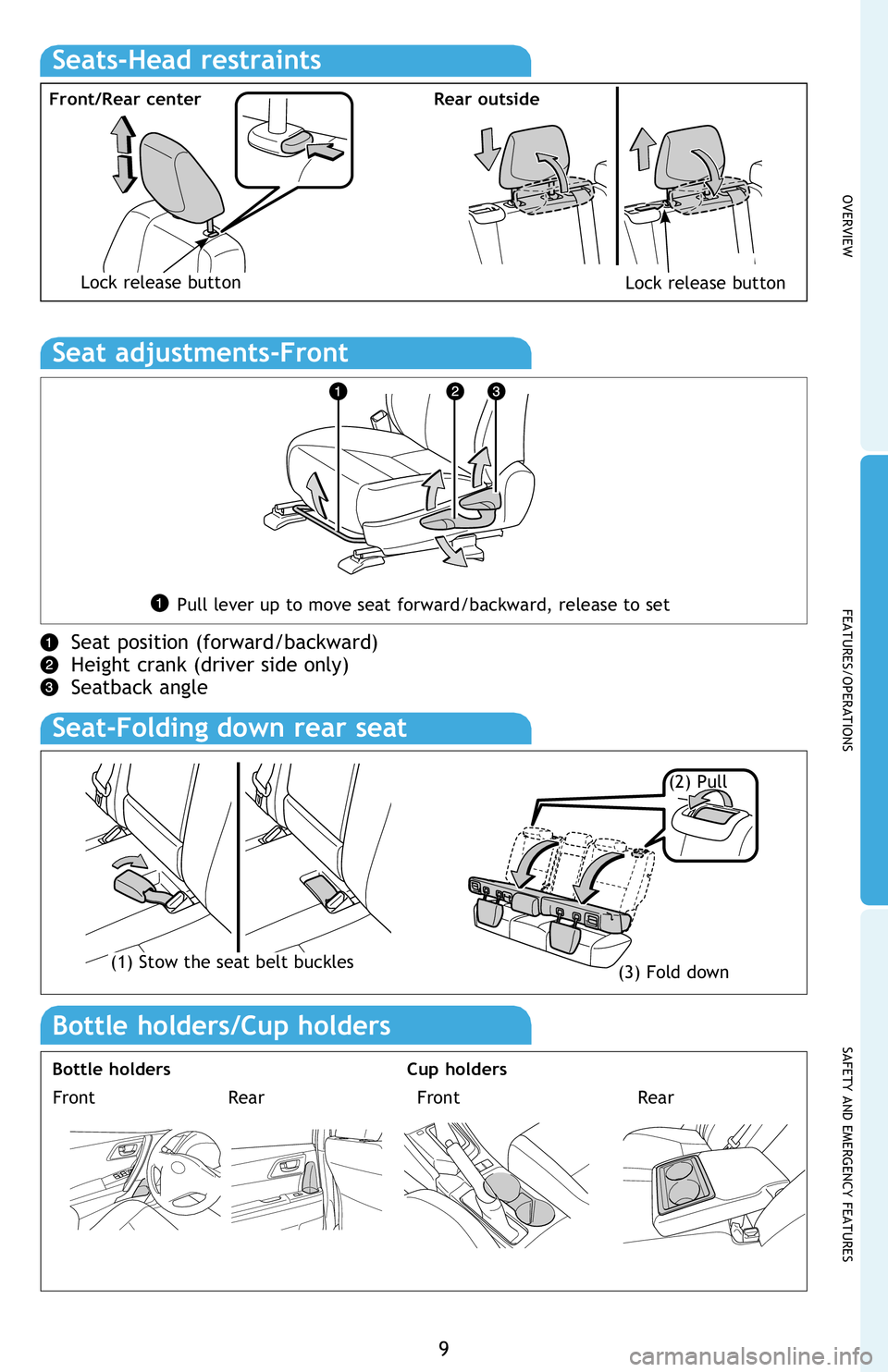 TOYOTA iM 2016 (in English) User Guide OVERVIEW
FEATURES/OPERATIONS
SAFETY AND EMERGENCY FEATURES
9
Seat adjustments-Front
Seat position (forward/backward)
Height crank (driver side only)
Seatback angle
Pull lever up to move seat forward/ TOYOTA iM 2016 (in English) User Guide OVERVIEW
FEATURES/OPERATIONS
SAFETY AND EMERGENCY FEATURES
9
Seat adjustments-Front
Seat position (forward/backward)
Height crank (driver side only)
Seatback angle
Pull lever up to move seat forward/