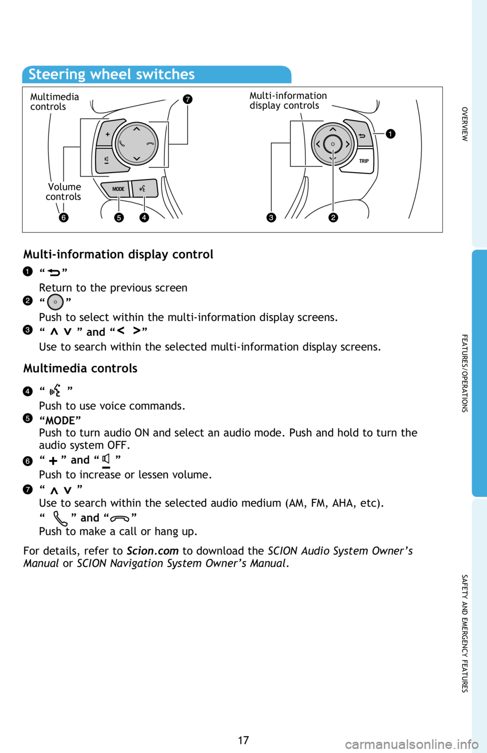 TOYOTA iM 2016 (in English) User Guide OVERVIEW
FEATURES/OPERATIONS
SAFETY AND EMERGENCY FEATURES
17
Steering wheel switches
“”
Return to the previous screen
“
”
Push to select within the multi-information display screens.
“
>> TOYOTA iM 2016 (in English) User Guide OVERVIEW
FEATURES/OPERATIONS
SAFETY AND EMERGENCY FEATURES
17
Steering wheel switches
“”
Return to the previous screen
“
”
Push to select within the multi-information display screens.
“
>>