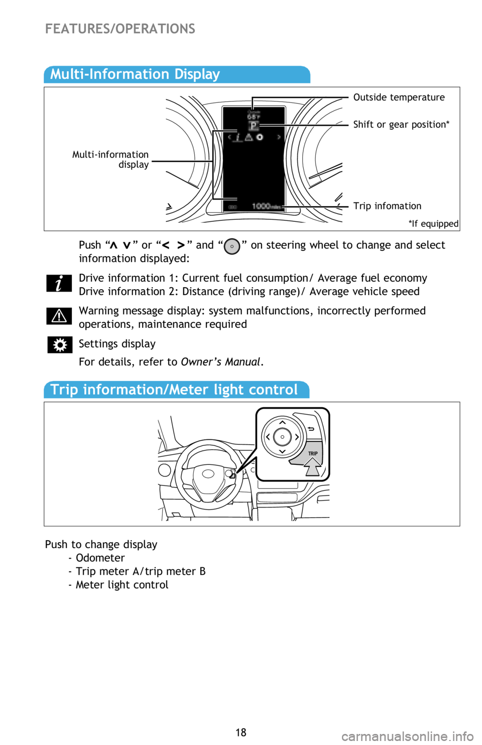 TOYOTA iM 2016 (in English) User Guide 18
Multi-Information Display
FEATURES/OPERATIONS
Push “ ” or “ ” and “ ” on steering wheel to change and select
information displayed:
Drive information 1: Current fuel con TOYOTA iM 2016 (in English) User Guide 18
Multi-Information Display
FEATURES/OPERATIONS
Push “ ” or “ ” and “ ” on steering wheel to change and select
information displayed:
Drive information 1: Current fuel con