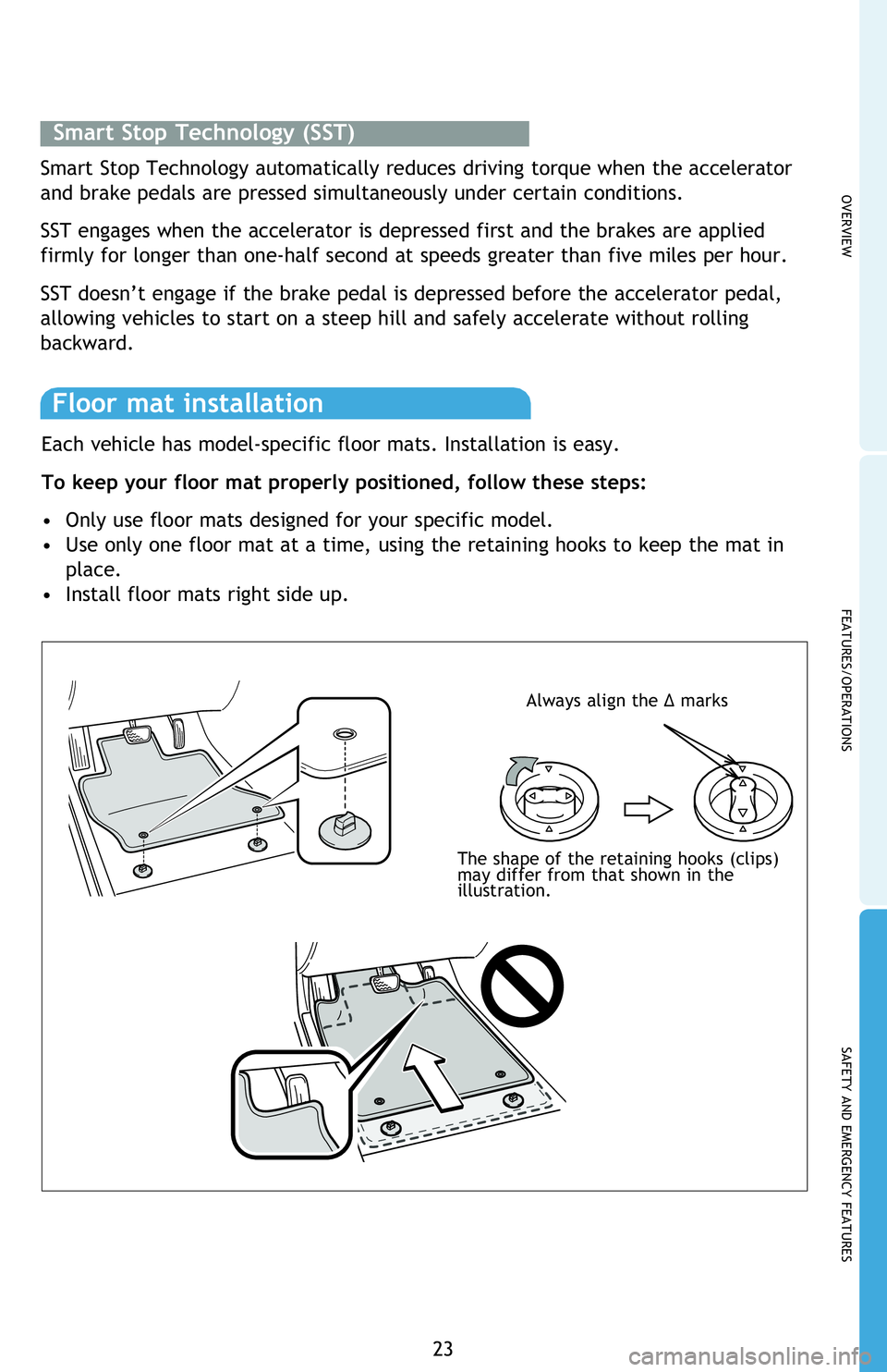 TOYOTA iM 2016 (in English) Owners Manual OVERVIEW
FEATURES/OPERATIONS
SAFETY AND EMERGENCY FEATURES
23
Smart Stop Technology (SST)
Smart Stop Technology automatically reduces driving torque when the accelerator
and brake pedals are pressed TOYOTA iM 2016 (in English) Owners Manual OVERVIEW
FEATURES/OPERATIONS
SAFETY AND EMERGENCY FEATURES
23
Smart Stop Technology (SST)
Smart Stop Technology automatically reduces driving torque when the accelerator
and brake pedals are pressed