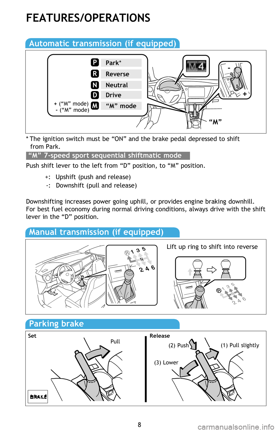 TOYOTA iM 2016  Owners Manual (in English) * The ignition switch must be “ON” and the brake pedal depressed to shift
  from Park.
Push shift lever to the left from “D” position, to “M” position.
         +:   Upshift (push and rele