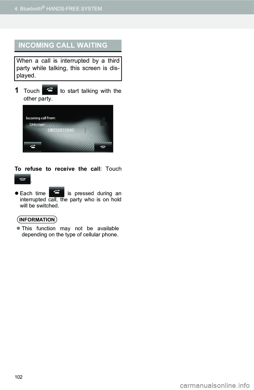 TOYOTA iM 2016  Accessories, Audio & Navigation (in English) 102
4. Bluetooth® HANDS-FREE SYSTEM
1Touch   to start talking with the
other party.
To refuse to receive the call: Touch
.
Each time   is pressed during an
interrupted call, the party who is on ho