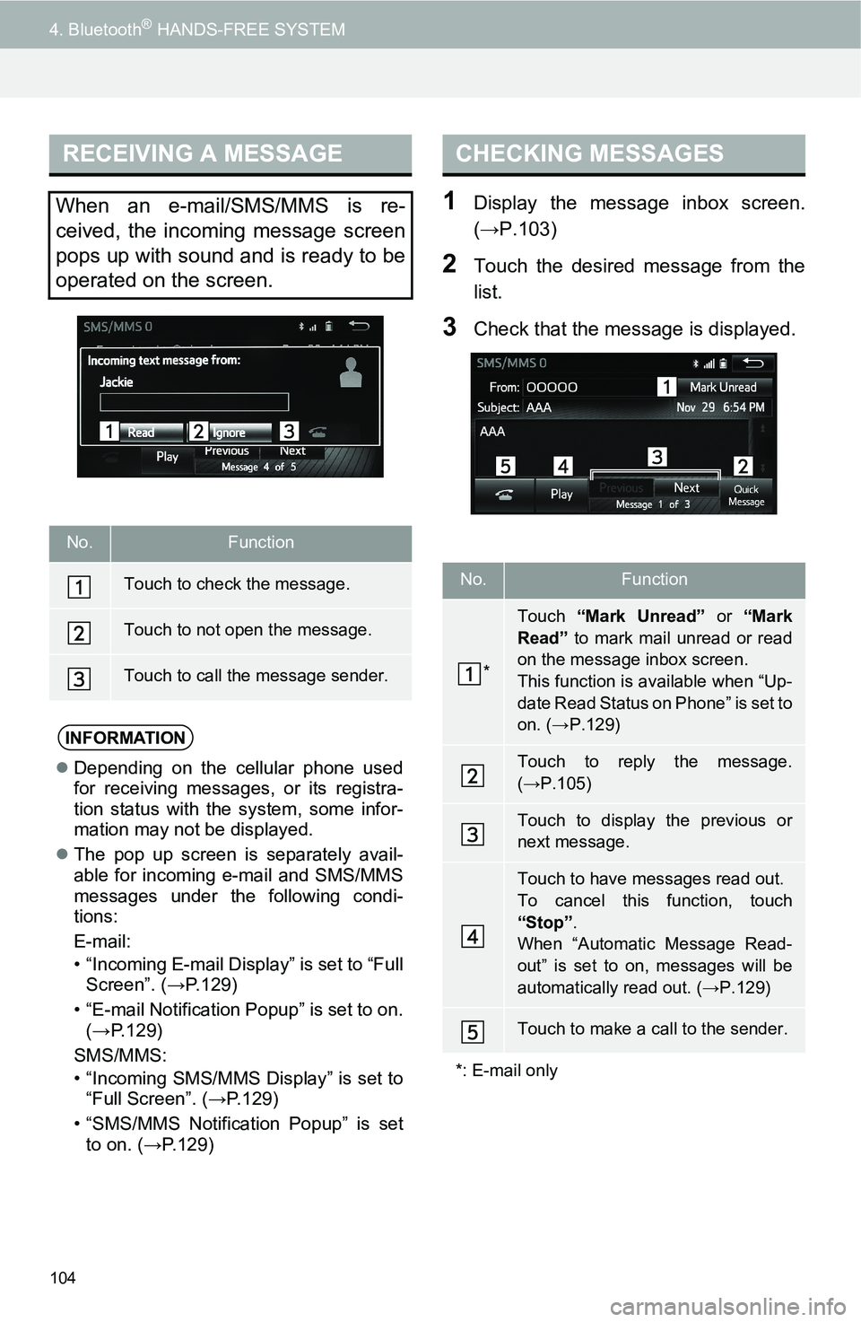 TOYOTA iM 2016  Accessories, Audio & Navigation (in English) 104
4. Bluetooth® HANDS-FREE SYSTEM
1Display the message inbox screen.
(→P.103)
2Touch the desired message from the
list.
3Check that the message is displayed.
RECEIVING A MESSAGE
When an e-mail/SM