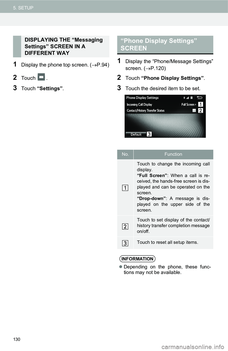 TOYOTA iM 2016 Accessories, Audio & Navigation (in English) 130
5. SETUP
1Display the phone top screen. (P.94)
2Touch .
3Touch “Settings”.
1Display the “Phone/Message Settings”
screen. (P.120)
2Touch “Phone Display Settings”.
3Touch the desir TOYOTA iM 2016 Accessories, Audio & Navigation (in English) 130
5. SETUP
1Display the phone top screen. (P.94)
2Touch .
3Touch “Settings”.
1Display the “Phone/Message Settings”
screen. (P.120)
2Touch “Phone Display Settings”.
3Touch the desir