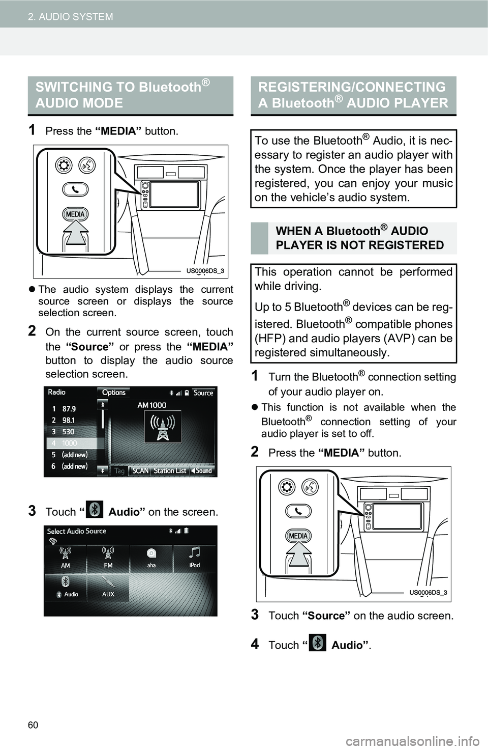 TOYOTA iM 2016 Accessories, Audio & Navigation (in English) 60
2. AUDIO SYSTEM
1Press the “MEDIA” button.
The audio system displays the current
source screen or displays the source
selection screen.
2On the current source screen, touch
the “Source” TOYOTA iM 2016 Accessories, Audio & Navigation (in English) 60
2. AUDIO SYSTEM
1Press the “MEDIA” button.
The audio system displays the current
source screen or displays the source
selection screen.
2On the current source screen, touch
the “Source”