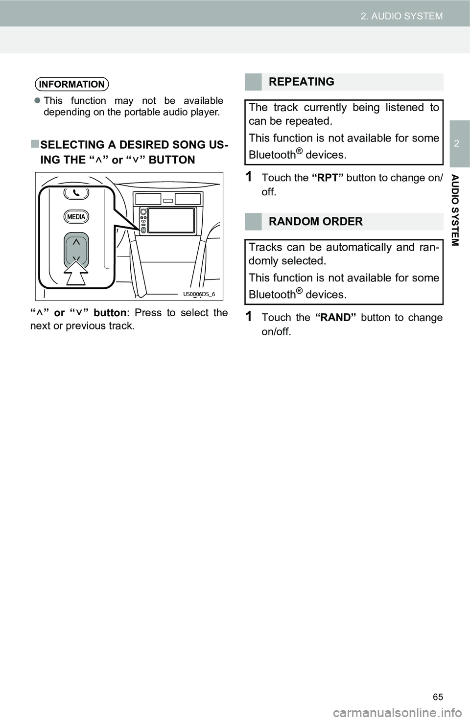 TOYOTA iM 2016 Accessories, Audio & Navigation (in English) 65
2. AUDIO SYSTEM
2
AUDIO SYSTEM
SELECTING A DESIRED SONG US-
ING THE “ ” or “ ” BUTTON
“” or “” button: Press to select the
next or previous track.
1Touch the “RPT” button to TOYOTA iM 2016 Accessories, Audio & Navigation (in English) 65
2. AUDIO SYSTEM
2
AUDIO SYSTEM
SELECTING A DESIRED SONG US-
ING THE “ ” or “ ” BUTTON
“” or “” button: Press to select the
next or previous track.
1Touch the “RPT” button to