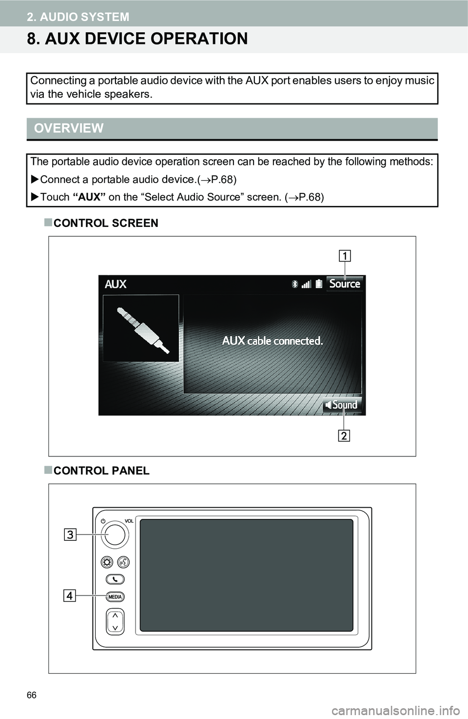 TOYOTA iM 2016 Accessories, Audio & Navigation (in English) 66
2. AUDIO SYSTEM
8. AUX DEVICE OPERATION
CONTROL SCREEN
CONTROL PANEL Connecting a portable audio device with the AUX port enables users to enjoy music
via the vehicle speakers.
OVERVIEW
The TOYOTA iM 2016 Accessories, Audio & Navigation (in English) 66
2. AUDIO SYSTEM
8. AUX DEVICE OPERATION
CONTROL SCREEN
CONTROL PANEL Connecting a portable audio device with the AUX port enables users to enjoy music
via the vehicle speakers.
OVERVIEW
The