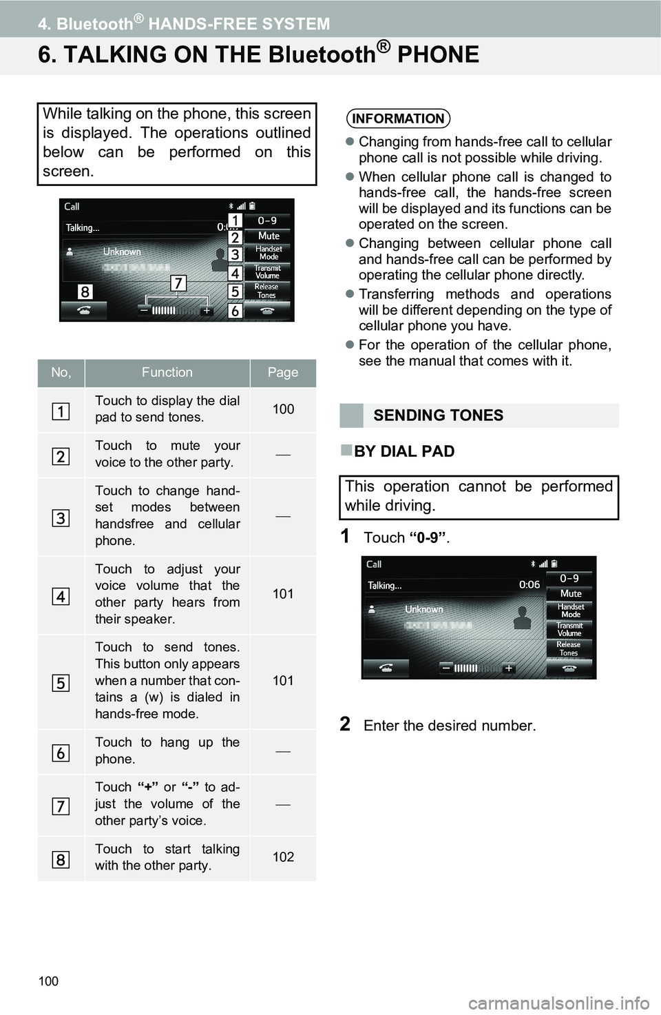TOYOTA iM 2016 Accessories, Audio & Navigation (in English) 100
4. Bluetooth® HANDS-FREE SYSTEM
6. TALKING ON THE Bluetooth® PHONE
BY DIAL PAD
1Touch “0-9”.
2Enter the desired number.
While talking on the phone, this screen
is displayed. The operation TOYOTA iM 2016 Accessories, Audio & Navigation (in English) 100
4. Bluetooth® HANDS-FREE SYSTEM
6. TALKING ON THE Bluetooth® PHONE
BY DIAL PAD
1Touch “0-9”.
2Enter the desired number.
While talking on the phone, this screen
is displayed. The operation