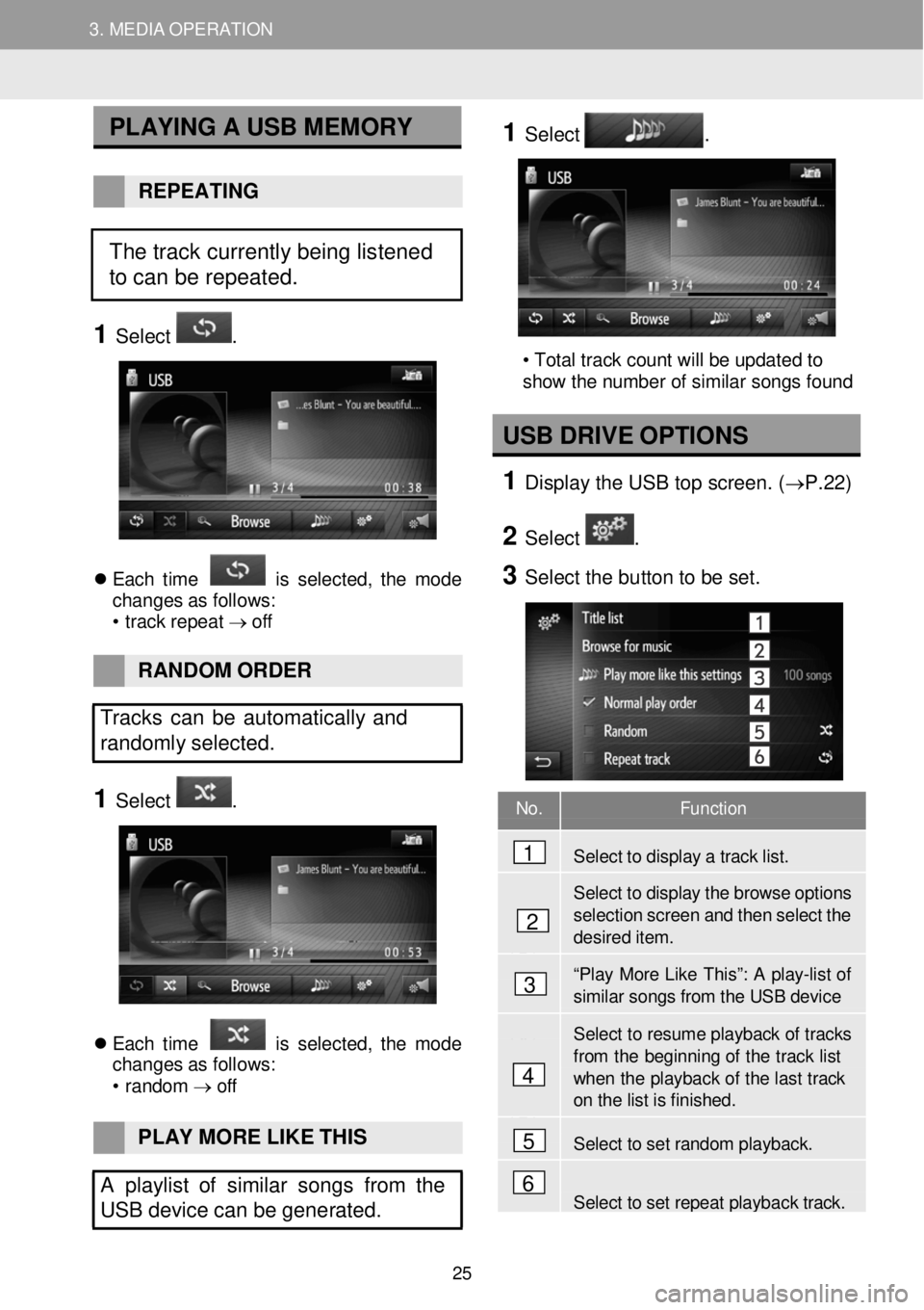 TOYOTA iM 2016 Accessories, Audio & Navigation (in English) 3. MEDIA OPERATION 3. MEDIA OPERATION
No. Function
Select to disp lay a tra ck list.
Select to display the browse options
selection screen and then select t h e desir ed item. TOYOTA iM 2016 Accessories, Audio & Navigation (in English) 3. MEDIA OPERATION 3. MEDIA OPERATION
No. Function
Select to disp lay a tra ck list.
Select to display the browse options
selection screen and then select t h e desir ed item.