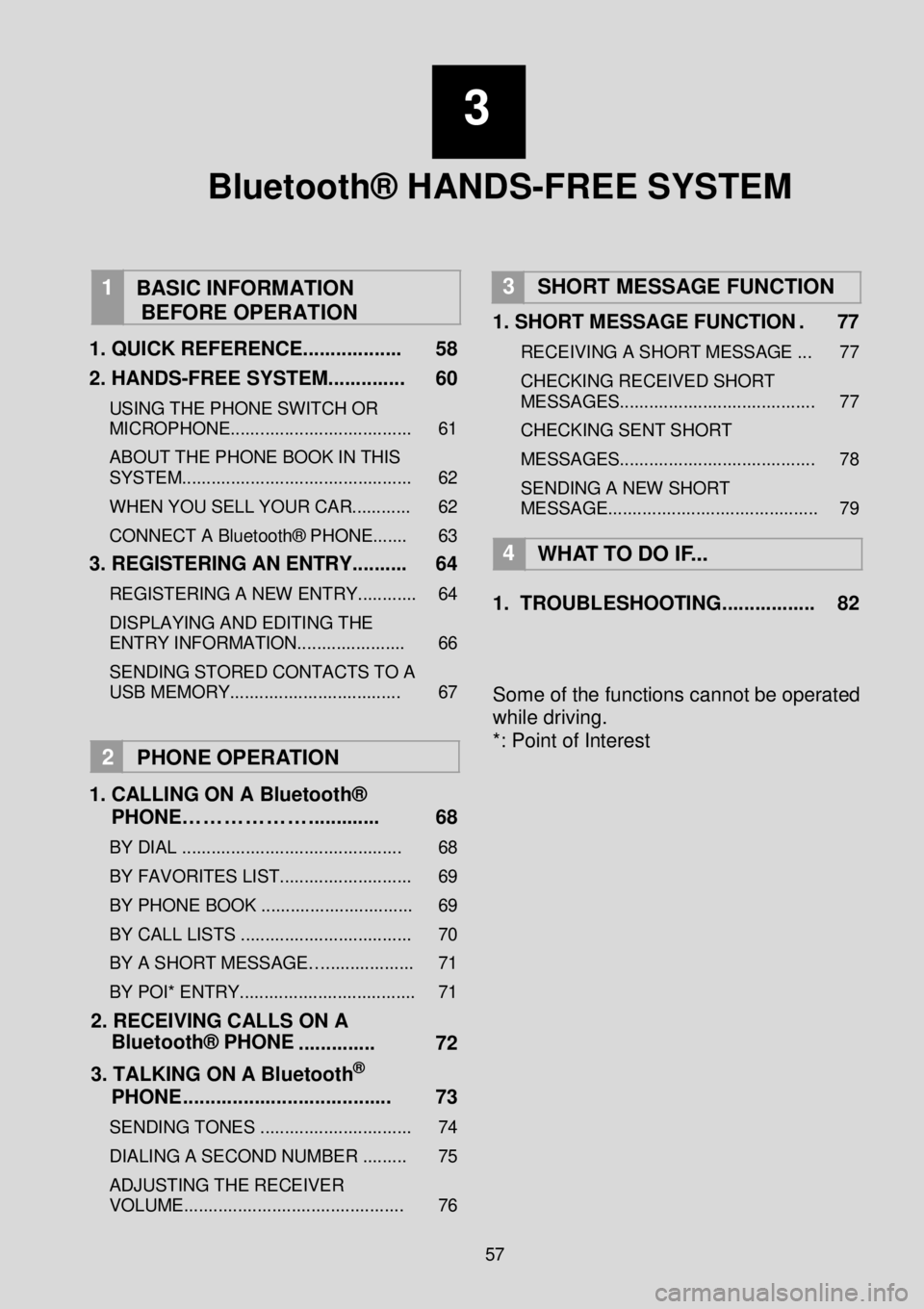 TOYOTA iM 2016  Accessories, Audio & Navigation (in English)  
3 
 
Bluetooth® HANDS-FREE SYSTEM 
 
  1   
BASIC INFORMATION 
BEFORE OPERATION
 
1 . QUICK REFERENCE ...... ............   58 
2. HANDS -FREE SYSTEM ..... .... .....   60  
USING THE PHONE SWITCH 