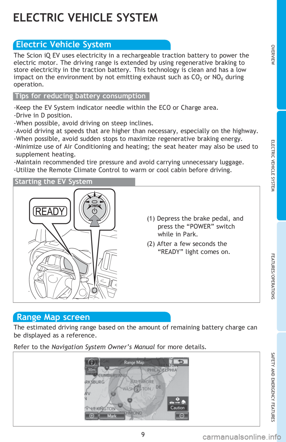 TOYOTA iQ EV 2013  Owners Manual (in English) OVERVIEWELECTRIC VEHICLE SYSTEM FEATURES/OPERATIONS
SAFETY AND EMERGENCY FEATURES
9
Windshield washer fluid tank
Inverter coolant reservoir
NOTE: Regularly scheduled maintenance will help extend the l